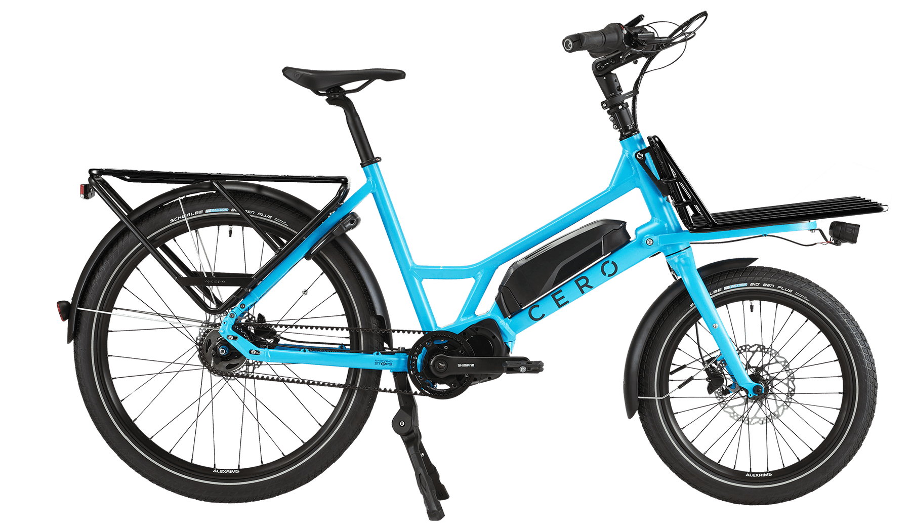 Blue CERO One with a rear rack and Platform on the front
